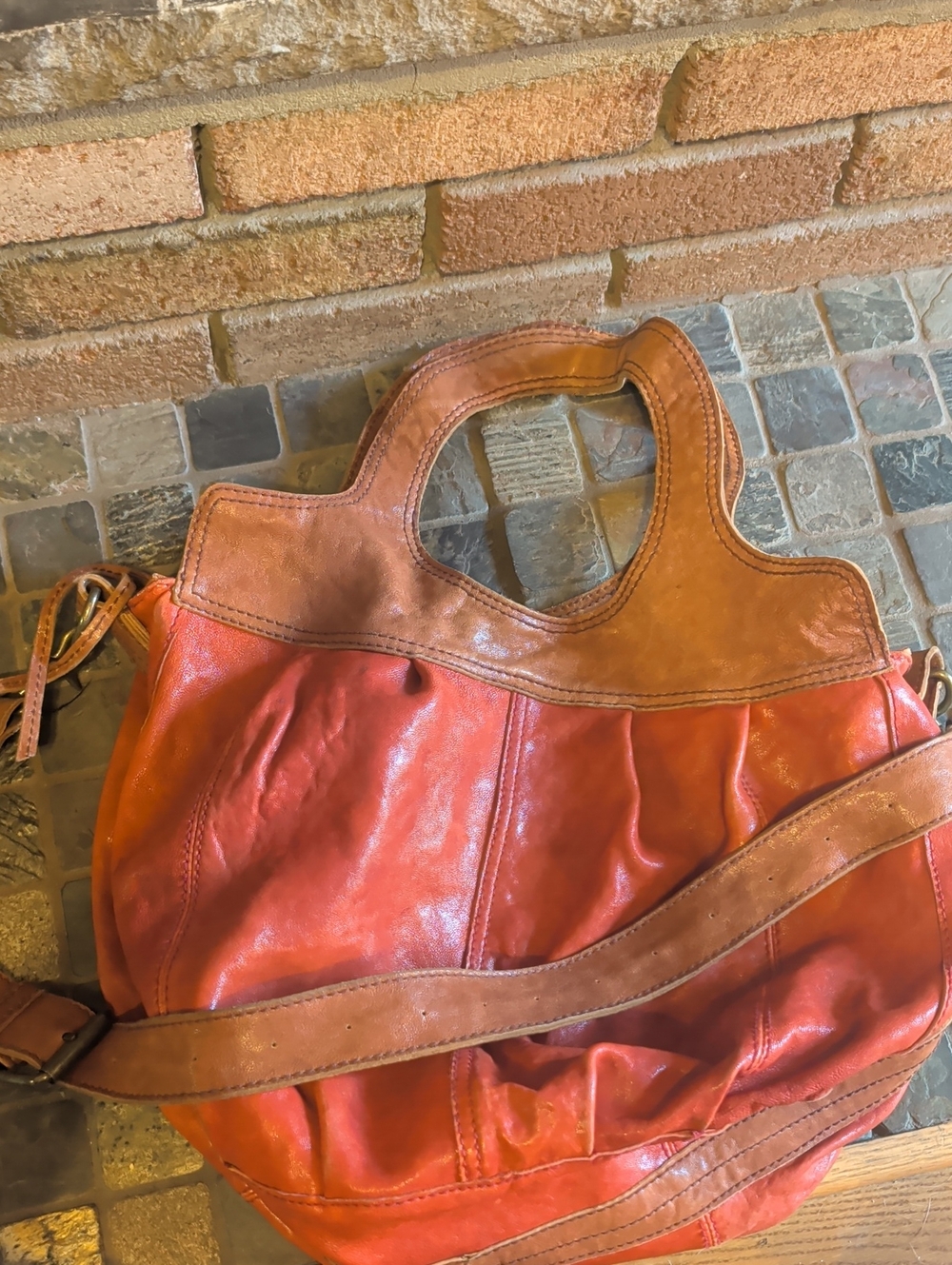 Leather Two-Tone Rust Tote Bag with Shoulder Strap
